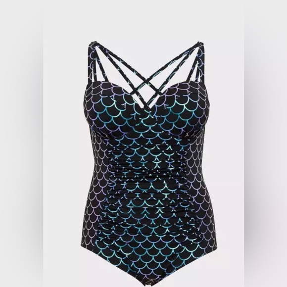 Torrid Slim Fix Underwire Strappy Back One Piece Black Swimsuit w/ Mermaid 3/3X - Picture 6 of 7